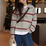 Women Knitted Pullover Vintage Stripe Lapel Pullover Autumn and Winter Loose Top