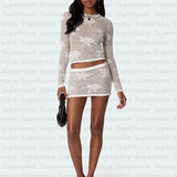 Women T-shirt Hollow-out Long Sleeve Top Suit Sexy Slim Suit Voile Pattern Suit