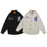 Men Jacket Coat Letter Embroidered Plaid Shirt Long Sleeve Men's Loose Lapels Shirt Cardigan Jacket