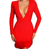 Women Evening Dress Christmas Dress Long Sleeve Sexy Feather Dress
