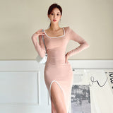 Women Maxi Dress Autumn and Winter Square Collar Slit Dress