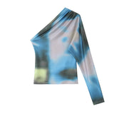 Women Tops Summer One-Shoulder Tie-Dye Top off-the-Shoulder Short T-shirt
