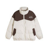Unisex Winter Cotton Coat Retro Patchwork Contrast Color Stand-up Collar Letter Warm and Loose Cotton Jacket