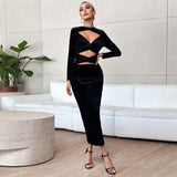 Women Dress Long Sleeve Narrow Black Dress Velvet Dress
