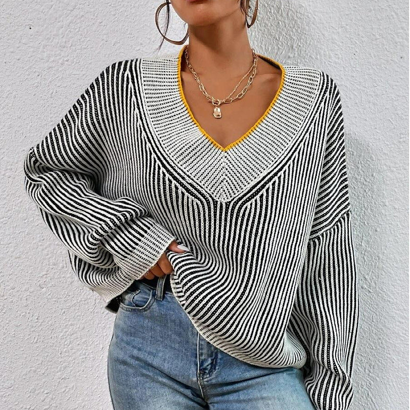 Women Knitted Sweater Autumn and Winter V-neck Loose Sweater Striped Pullover Sweater Top
