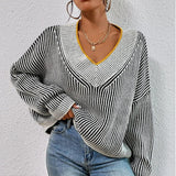 Women Knitted Sweater Autumn and Winter V-neck Loose Sweater Striped Pullover Sweater Top