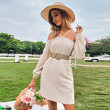 Women Dress Spring/Summer Loose Casual Short Skirt off-Shoulder Braces Long Sleeve Dress