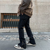 Men Jeans Zipper Slit Casual Pants Loose Straight Bootcut Pants