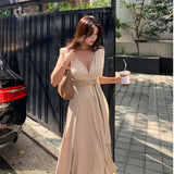 Women Dresses Beige Dress Lace-up Belt Slim Fit Dress V-neck