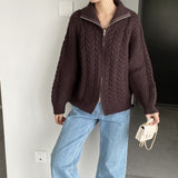 Women Cardigan Sweater Coat Long Sleeve Loose Zip Turn-down Collar Coat L1216