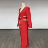 Women Evening Dress V-neck Bandage Dress Long Sleeve Simple Hollow Dress