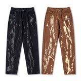 Men Jeans Washed Distressed Baggy Straight Trousers Tie-Dye Gradient Denim Trousers