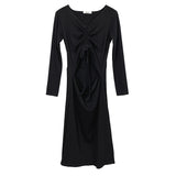 Women Dresses V-neck Pleated Drawstring Cropped Hip Skirt Long Sleeve Dress