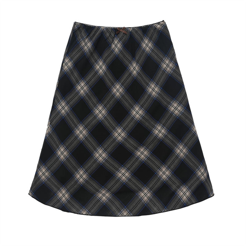 Women's Long Skirt Plaid A- line Skirt Women's Summer Casual Loose Bow Skirt