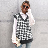 Women Knitted Sweater Autumn Loose Houndstooth V-neck Knitted Vest Women