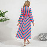 Women Date Dress Autumn and Winter Striped Printed Buttons Cinched Blouse Dress