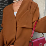 Women Trench Coat Autumn and Winter Leisure Baggy Coat Long Sleeve V-neck