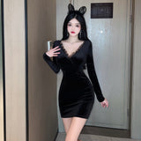 Women Maxi Dress Autumn Winter Sexy Deep V Lace Pleuche Long Sleeve Sheath Dress