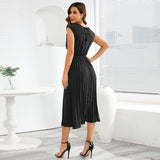 Women Date Dress Summer V-neck Pleated Sleeveless Waist Dress
