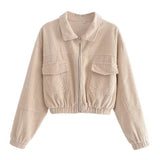 Women Jacket Lapel Long Sleeve Double Pocket Zipper Jacket Coat