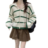 Women Knitwear Autumn and Winter Striped Sailor Collar Sweater Loose Knitted Cardigan