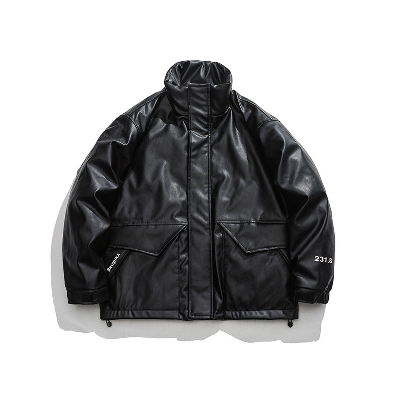 Unisex Winter Cotton Coat Three-Dimensional Pocket Decoration down Jacket Vintage PU Leather down Jacket