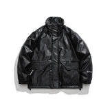 Unisex Winter Cotton Coat Three-Dimensional Pocket Decoration down Jacket Vintage PU Leather down Jacket