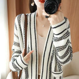 Women Knitwear Autumn Vintage Color-Block V Neck Sweater Female Loose Knitted Cardigan
