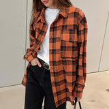 Women Trench Coat Retro Plaid Long Sleeve Shirt Coat