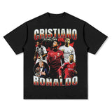 Mens Vintage Football T-Shirt Ronaldo Printed Short Sleeve T-Shirt Loose Washed Old Top
