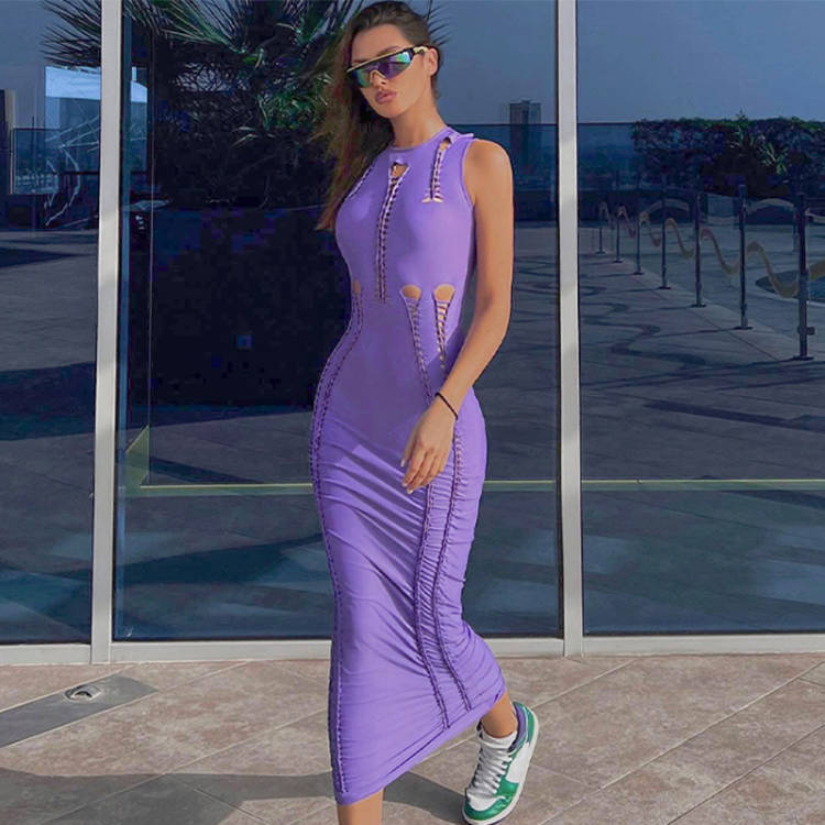 Women Dresses Summer Hollow Slim round Neck Sleeveless Dress
