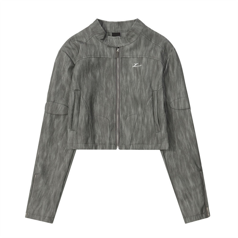 Women Jacket Short PU Leather Jacket Embroidered Stand Collar Cardigan Leather Jacket