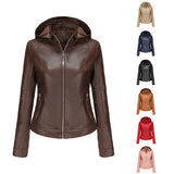 Red Leather Jacket Spring and Autumn Hooded Leather Coat Women's Detachable Hat Windproof Jacket
