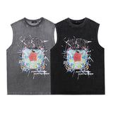 Men Vest Retro Abstract Floral Print Distressed Sleeveless T-shirt