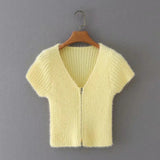 Women Sweater Knit Wear Spring Wool-like Short V-neck Knitted T-shirt Zipper Sweater