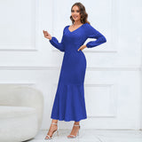 Women Date Dress V-neck Fishtail Skirt Elegant High Waist Evening Long Dress