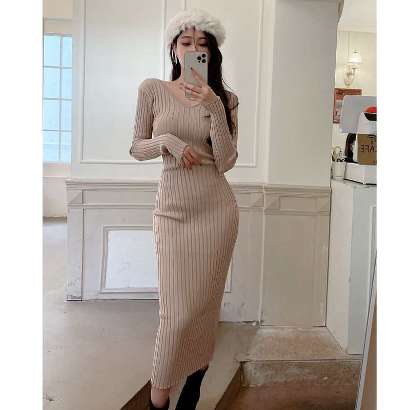 Women Maxi Dress Autumn and Winter V-neck off-the-Shoulder Long Knitted Dress