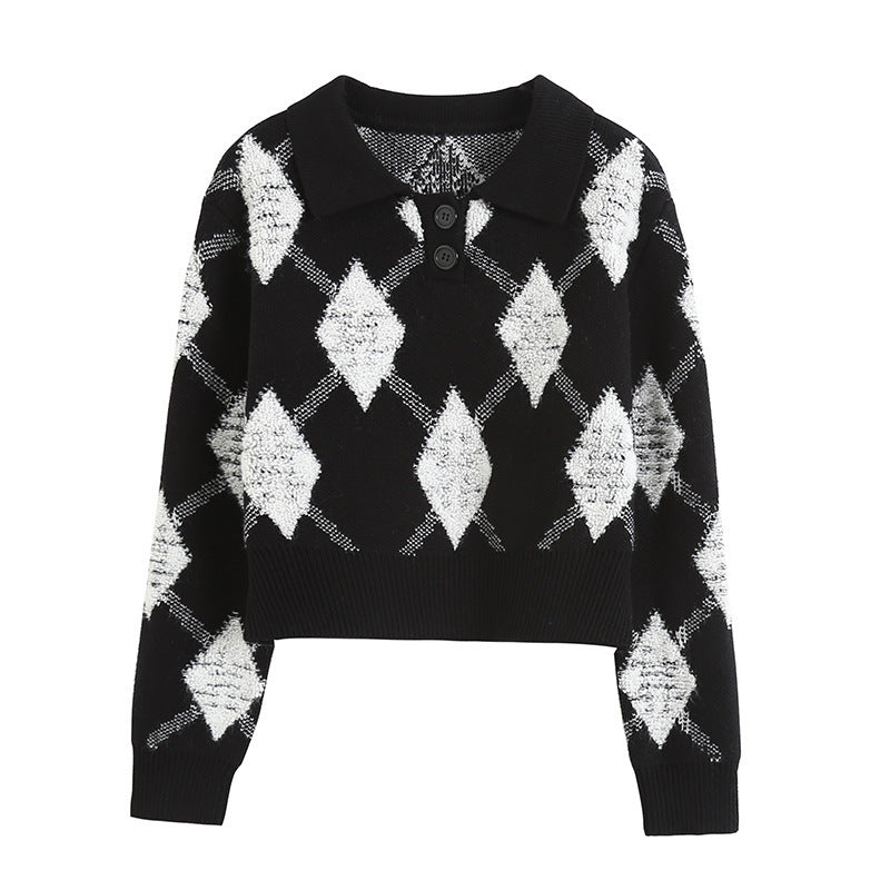 Women Sweater Knitwear Plaid Sweater Coat Top Retro Lapels Short Sweater