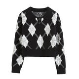 Women Sweater Knitwear Plaid Sweater Coat Top Retro Lapels Short Sweater
