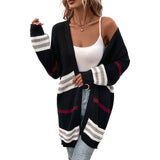 Women Knitted Sweater Autumn and Winter Long Sleeve Color Matching Long Sweater Cardigan Coat