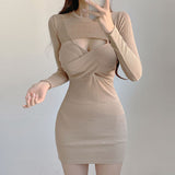 Women Dresses V-neck Cross Suspender Skirt Blouse Long Sleeve Hollow out Two-Piece Suit