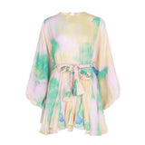 Women Dresses Casual Color Printed round Neck Loose Lantern Sleeve Short Dress (Qymy0409)