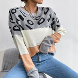 Women Knitted Sweater Autumn and Winter Long Sleeve Leopard Print Contrast Color Knitted Sweater