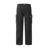 Men Sweatpants Straight-Leg Overalls Pleated Knee Pocket Casual Trousers