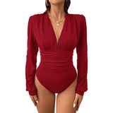 Women Jumpsuit Spring and Summer Sexy V-neck Slim-Fit Long Sleeve Jumpsuit
