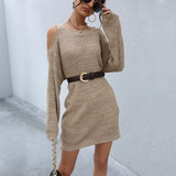 Women Knitted Sweater Spring and Autumn Hollow out Shoulder-Baring Long Sleeve Pullover Woolen Skirt