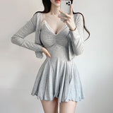 Women Dresses V-neck Lace Ruffled Suspender Skirt Dress Suit