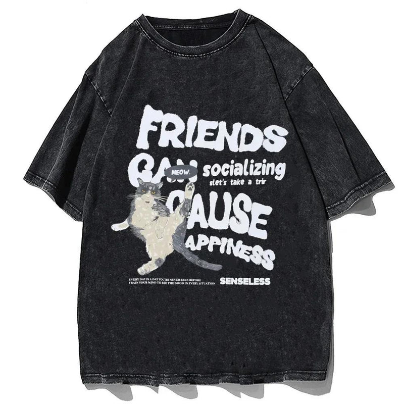 Vintage Cute Cat Graphics T-shirt Y2k Letter Print Washed