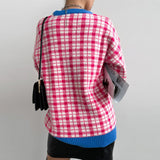 Ladies Leisure Knitwear Plaid Crew Neck Sweater Long Sleeve Top Plaid Sweater