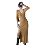 Women Maxi Dress Autumn and Winter V-neck Long Sleeve Slim Knit Dress